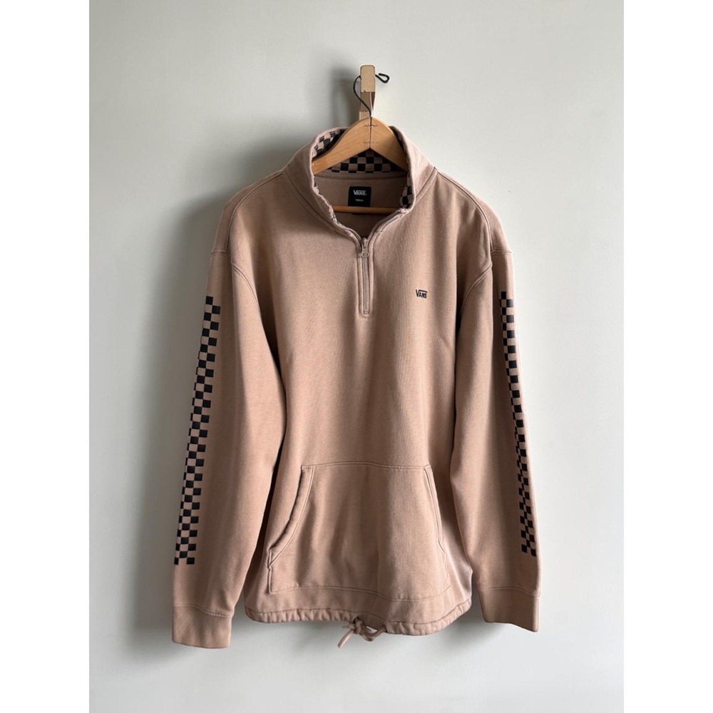 Vans Versa Mens Large Quarter Zip Sweatshirt Tan Checkerboard Sleeve Pullover